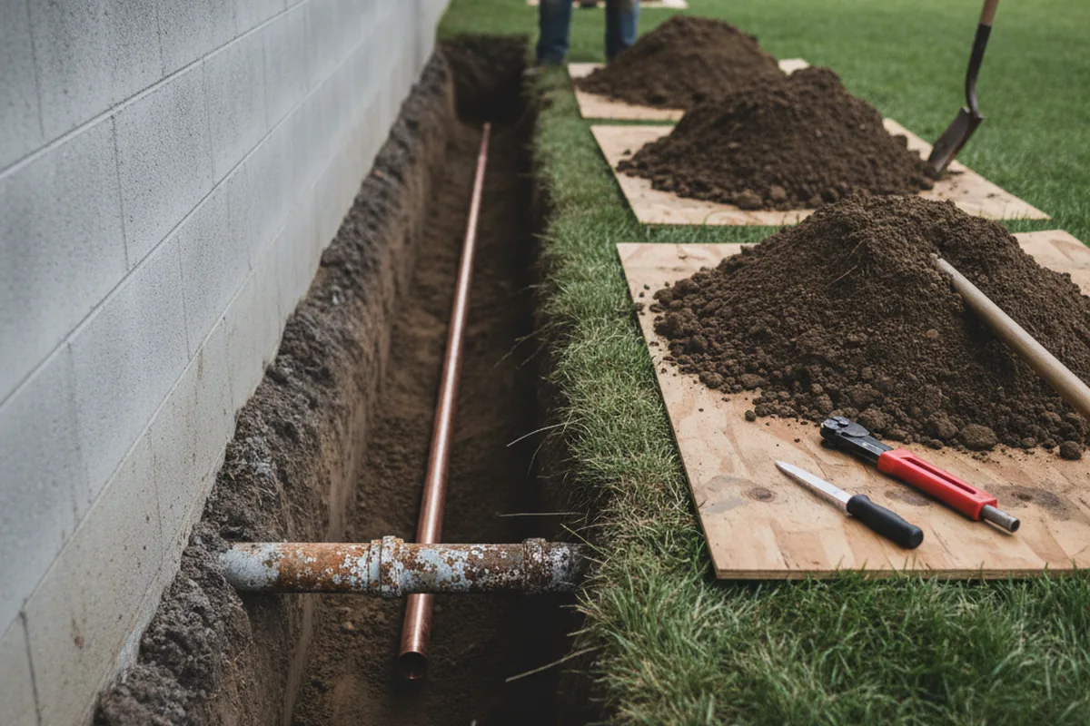 Excavated water line trench during Sewer Line Repair in Covington